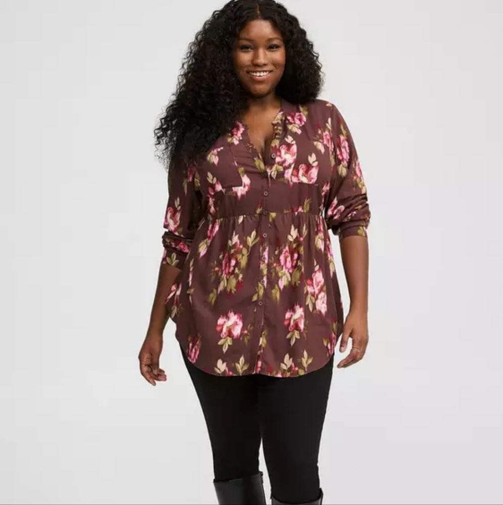 Torrid Size 0 Emma Babydoll Challis Button Up Tunic Top Blair Floral - Picture 2 of 6